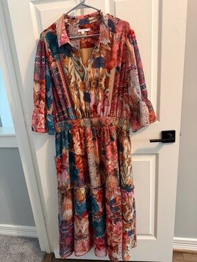 Chico's Floral Patchwork Maxi Dress in Teal, Rust, Pink and Cream
